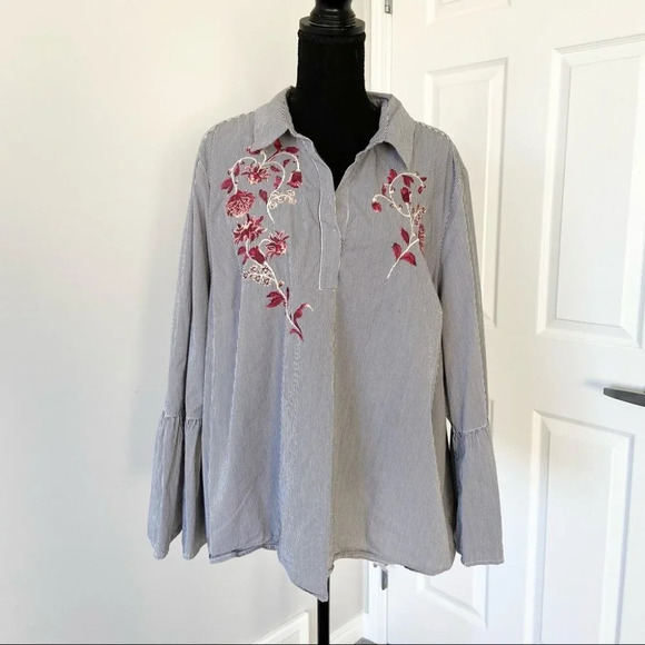 Jasmine & Juliana Striped Bell Sleeve Embroidered  Top - Picture 1 of 16